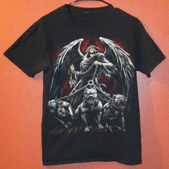 Fruit Loom Vintage 1990s Death Reaper Dogs Men Small Black Red Tan Shirt - Picture 1 of 6